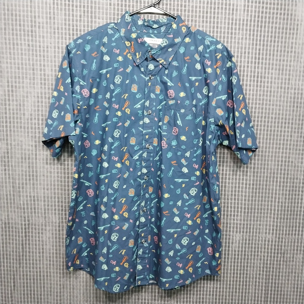 Magellan Mens Button Down Shirt Camping Outdoor Print Large Blue